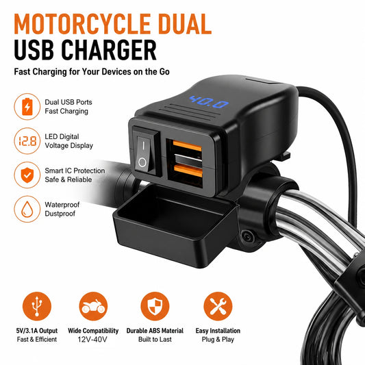 Waterproof Motorcycle QC3.0 Fast USB Charger with Voltage Display