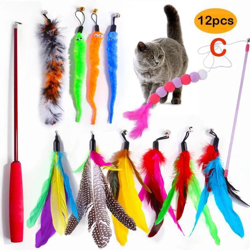 Interactive Cat Feather Toy Set with Telescopic Wand and 10 Attachments