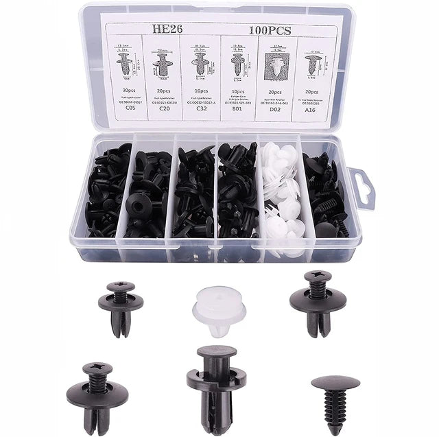 100 Piece Auto Bumper Fender Rivet Clip Fastener Set for Universal Cars