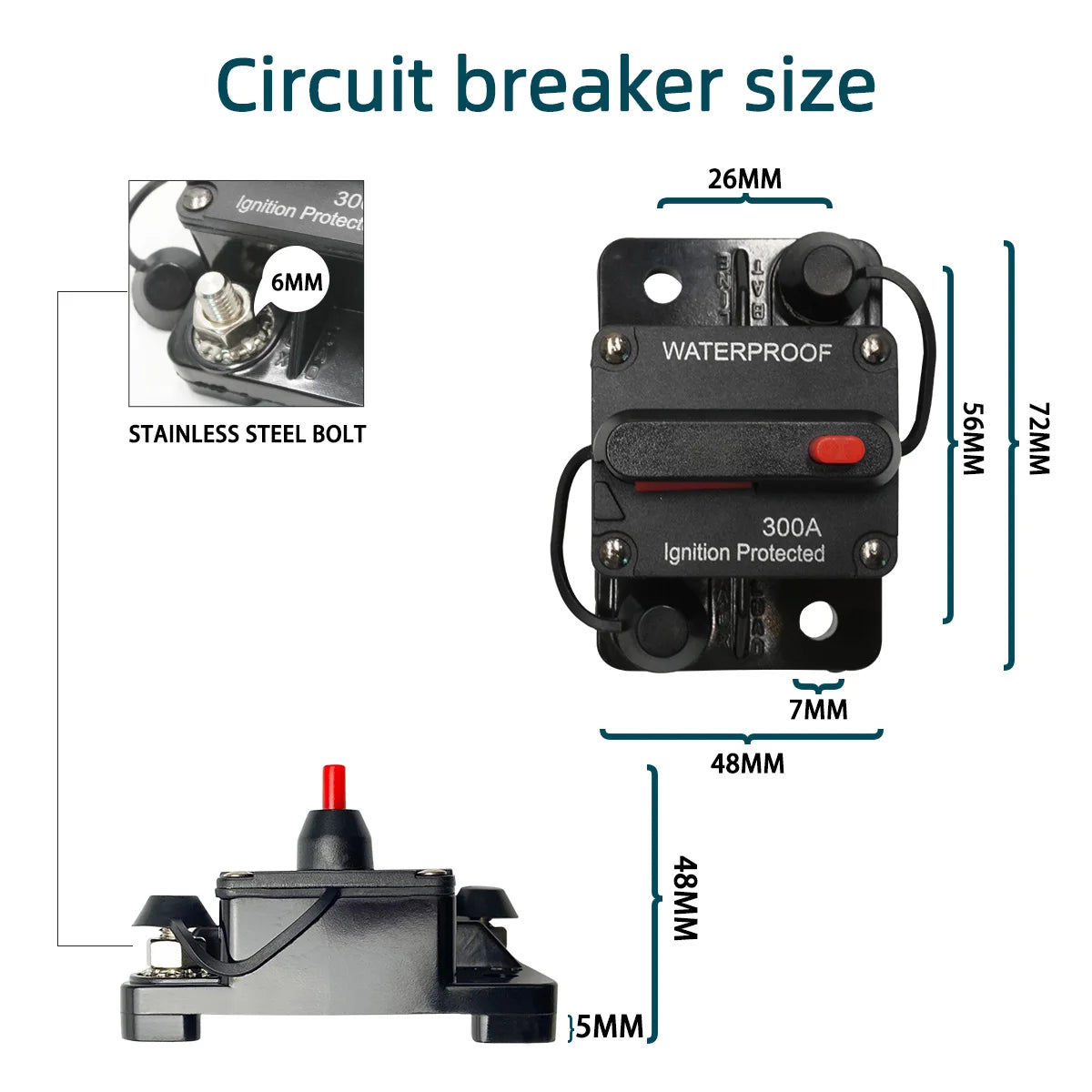 12V-48V DC Waterproof Circuit Breaker Manual Reset Fuse for Car Marine