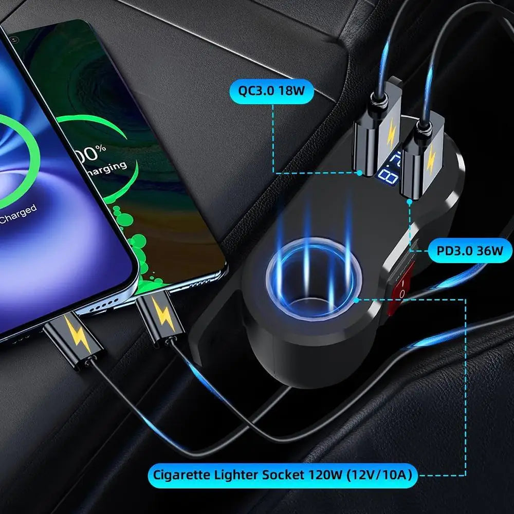 12V USB Car Charger Adapter PD3.0 QC3.0 Cigarette Lighter Socket Splitter