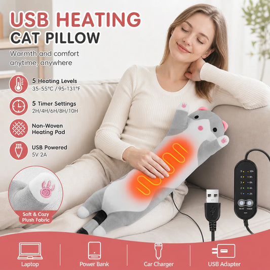 USB Heated Cat Plush Hand Warmer Pillow