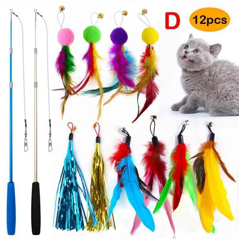 Interactive Cat Feather Toy Set with Telescopic Wand and 10 Attachments