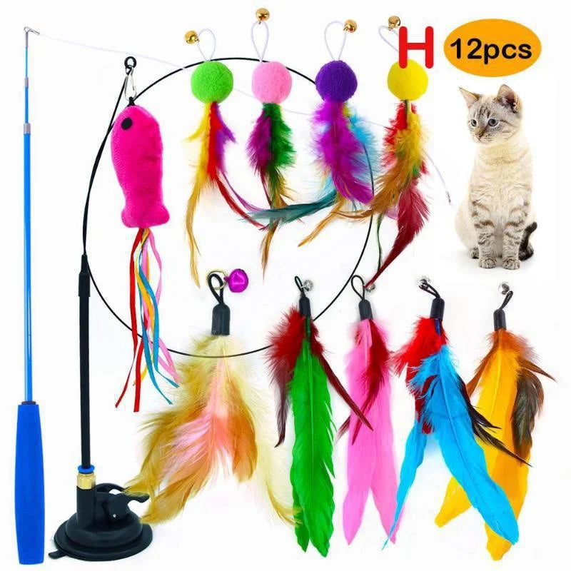 Interactive Cat Feather Toy Set with Telescopic Wand and 10 Attachments