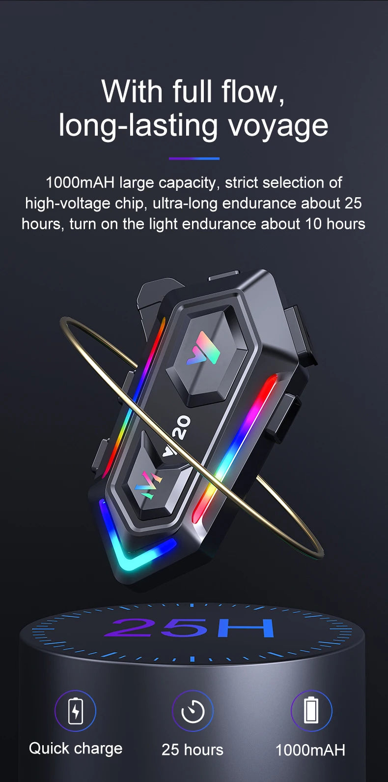 Wireless Motorcycle Helmet Bluetooth Headset with RGB Light