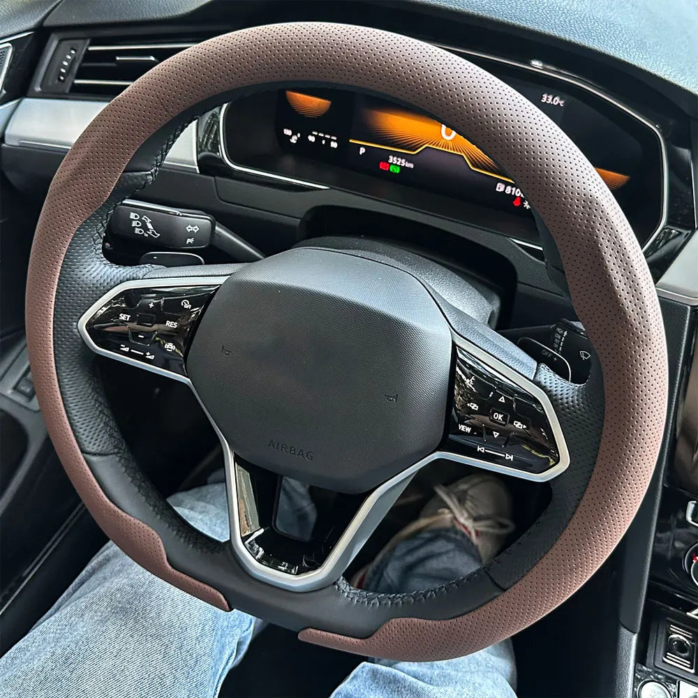 Breathable Leather Car Steering Wheel Cover for Round and D-Shape