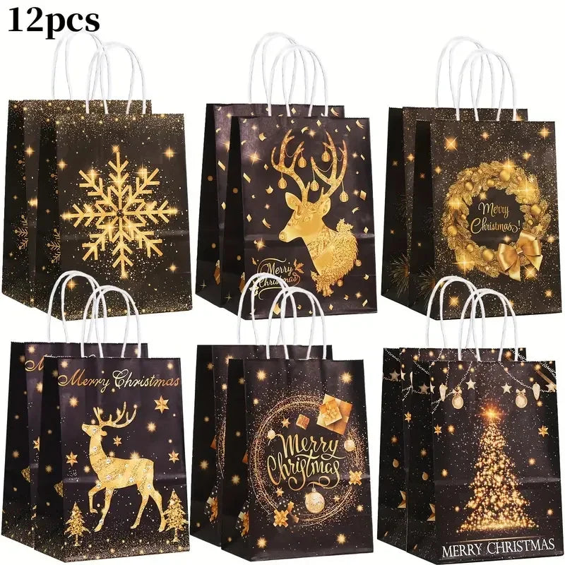 Decorative Holiday Kraft Paper Gift Bags with Handles