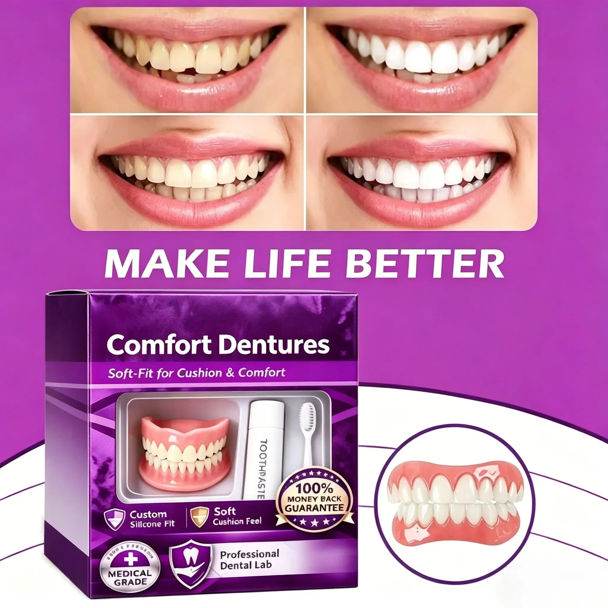 Comfort Fit Silicone Cosmetic Dentures for Natural Smile - 12