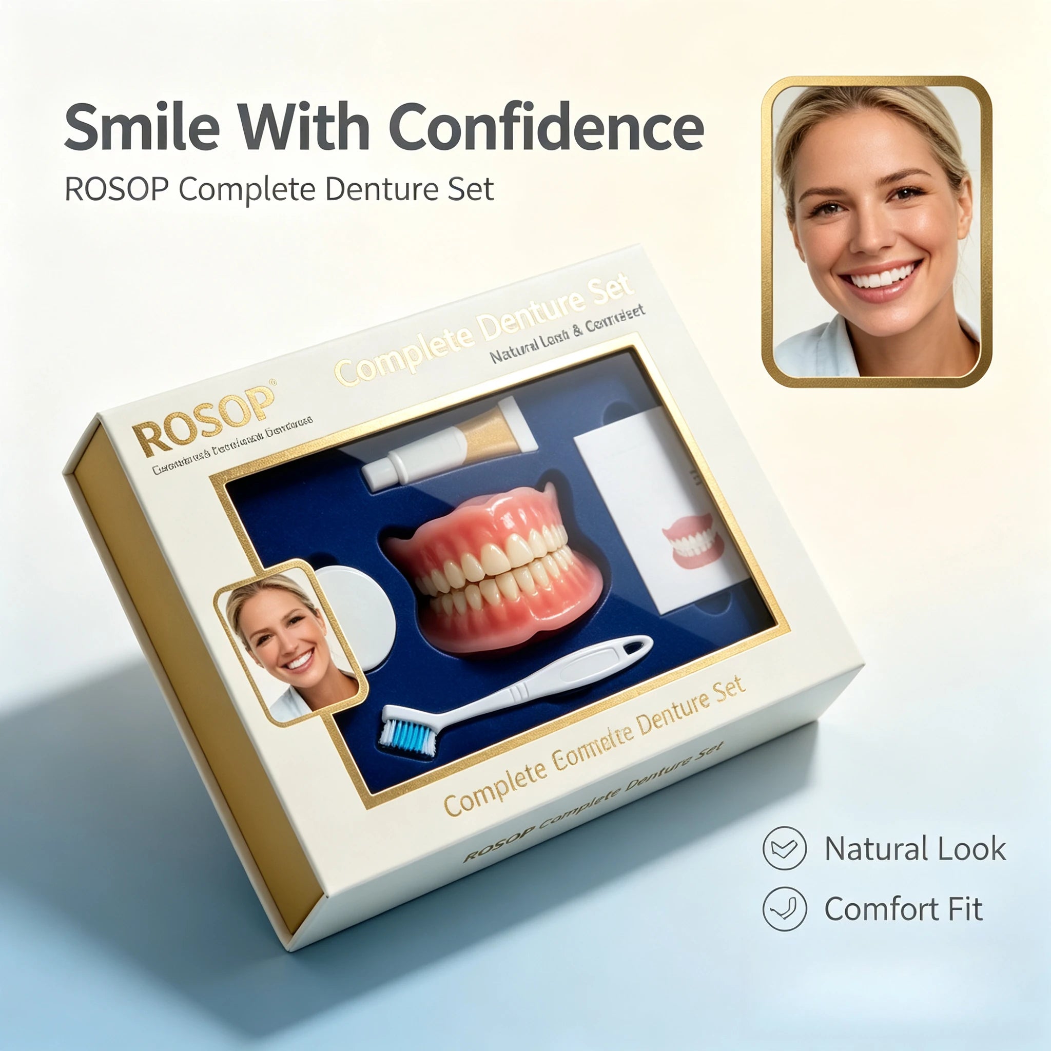 Custom Fit Silicone Cosmetic Denture Set with Toothbrush - 12