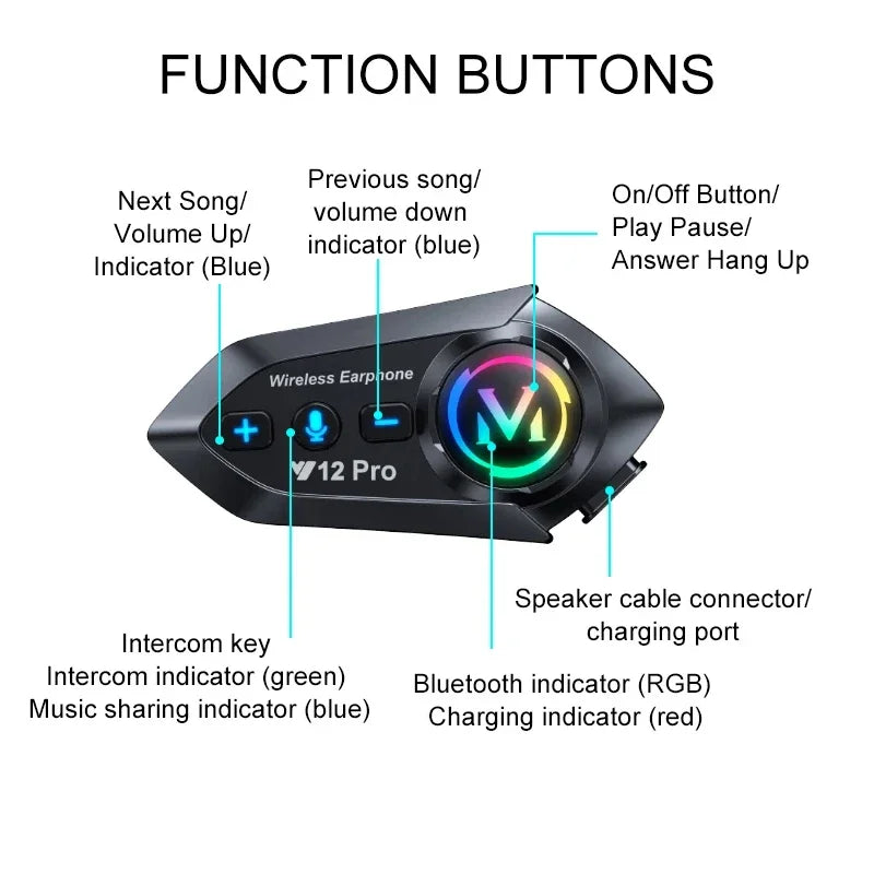 Wireless Motorcycle Helmet Bluetooth Headset with 500M Intercom