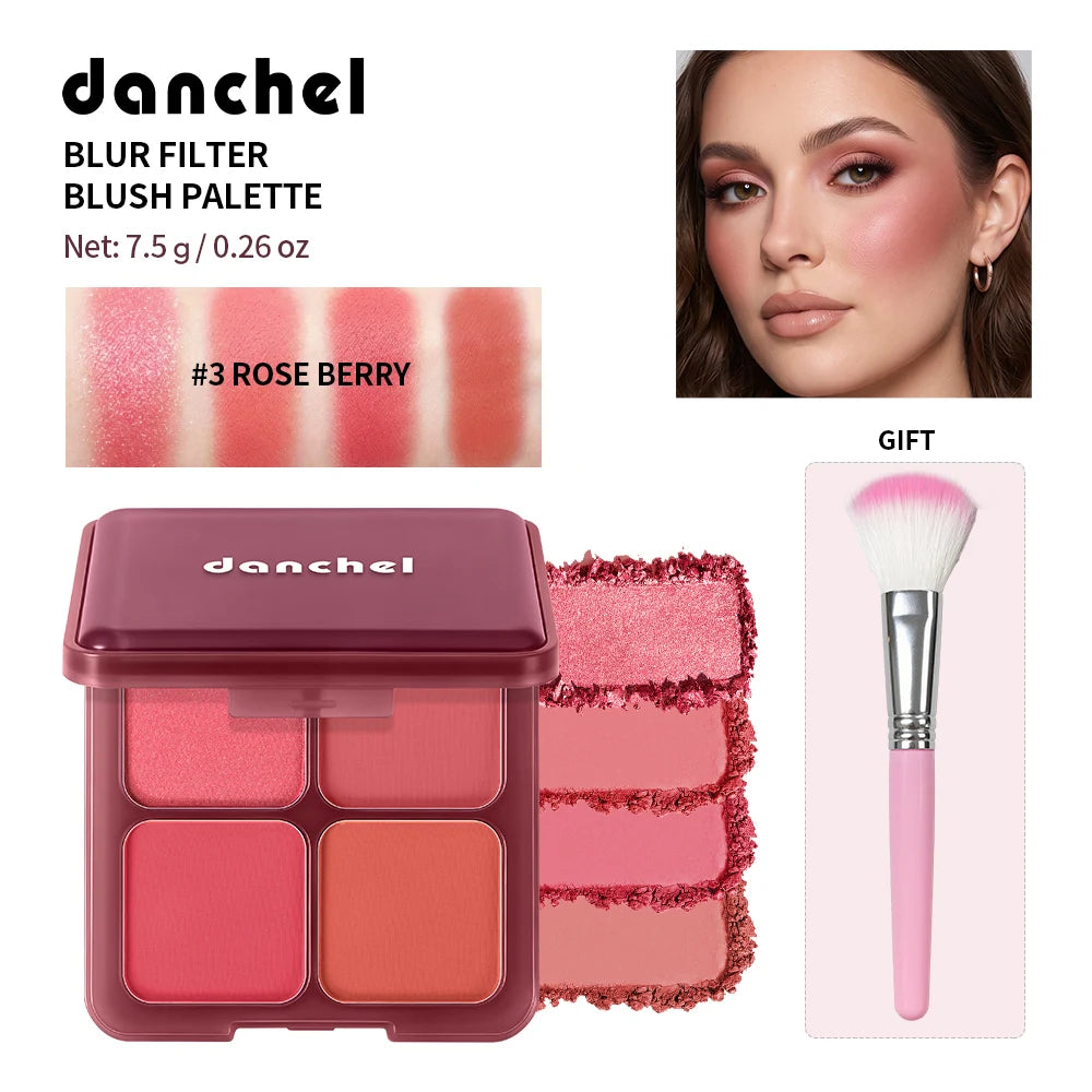 4-Color Matte Blush Palette with Makeup Brush - 20
