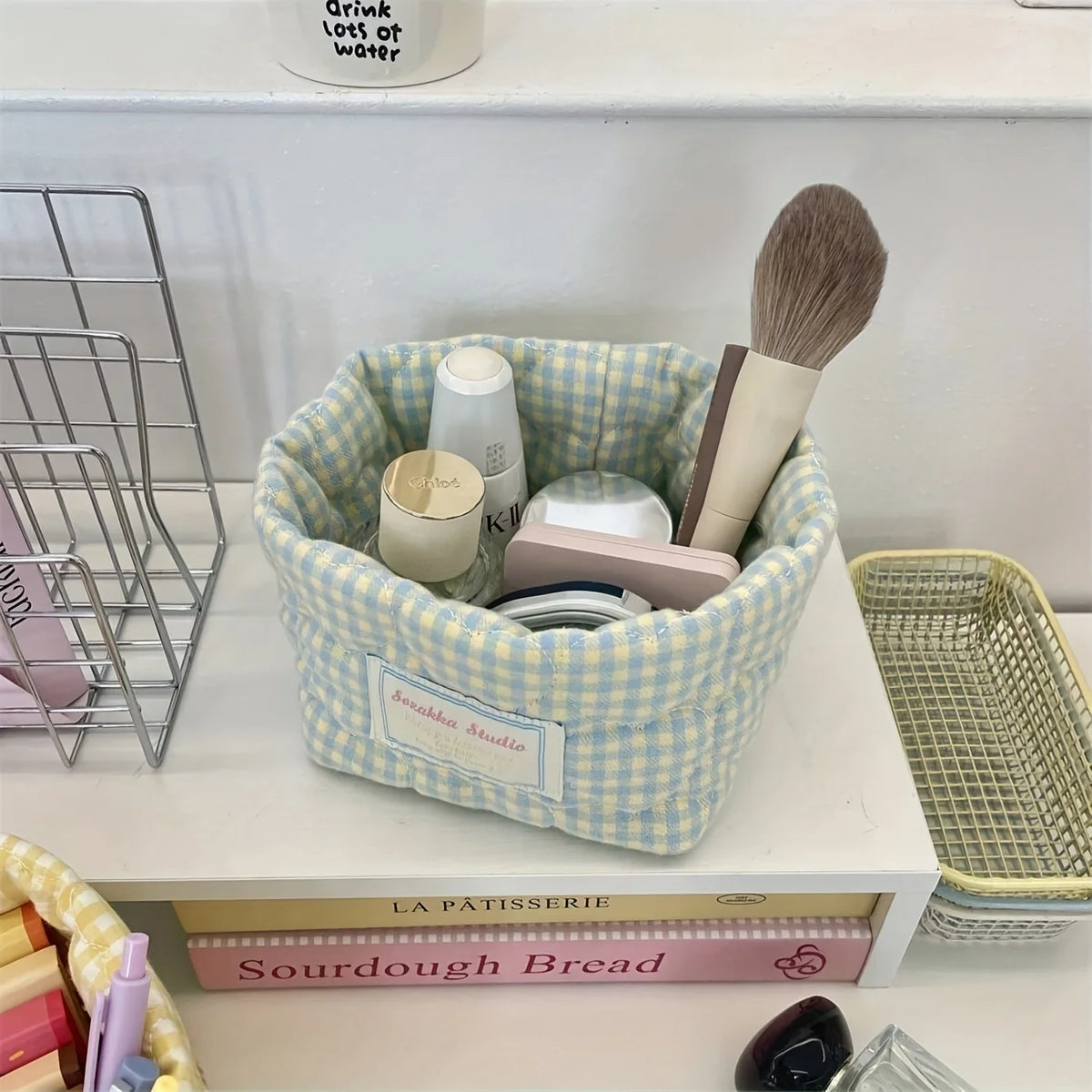 Foldable Plaid Quilted Desktop Storage Basket