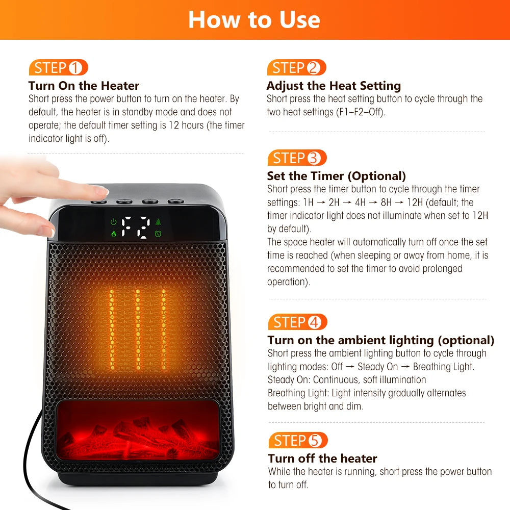 Portable Electric Space Heater with Ambient Flame Light