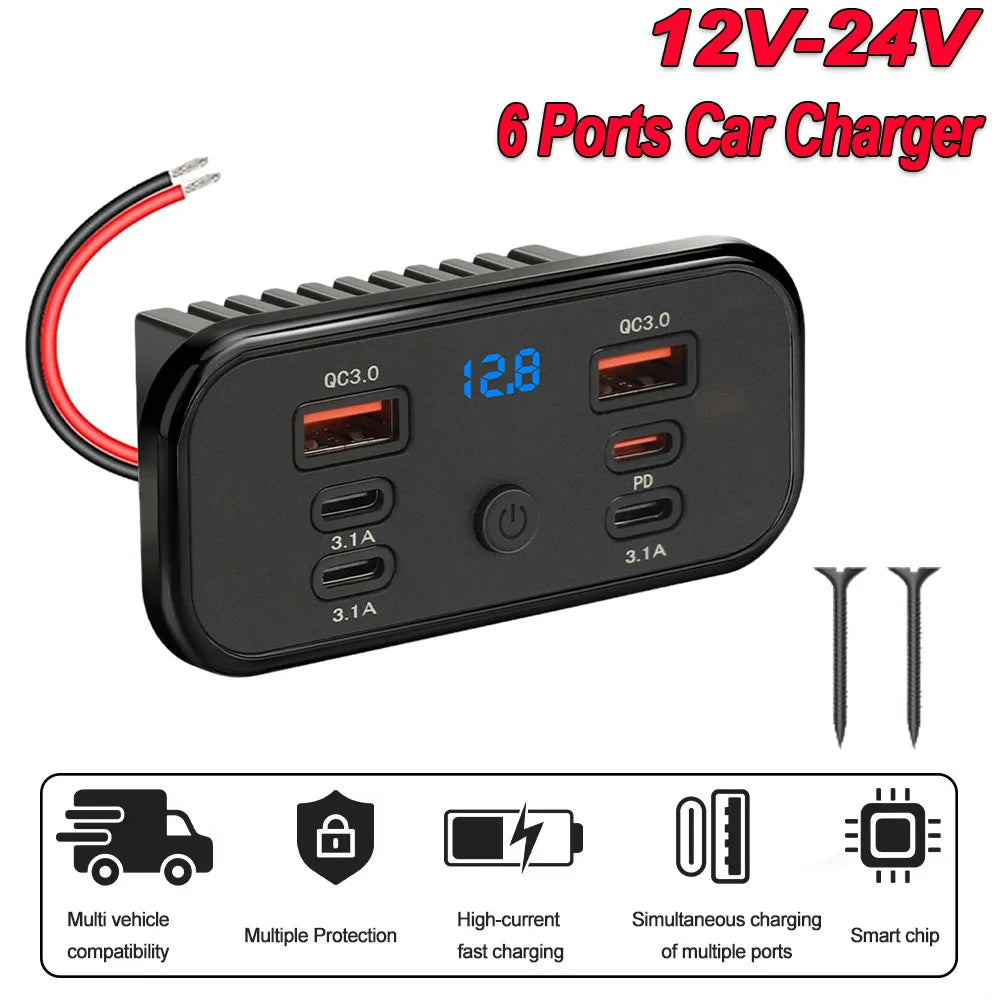 6-Port Fast Charging Car Socket Adapter with LED Voltage Display