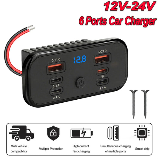 6-Port Fast Charging Car Socket Adapter with LED Voltage Display