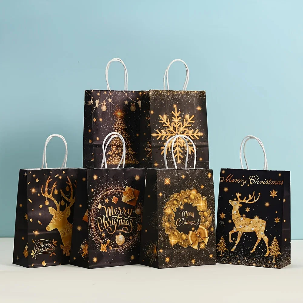 Decorative Holiday Kraft Paper Gift Bags with Handles