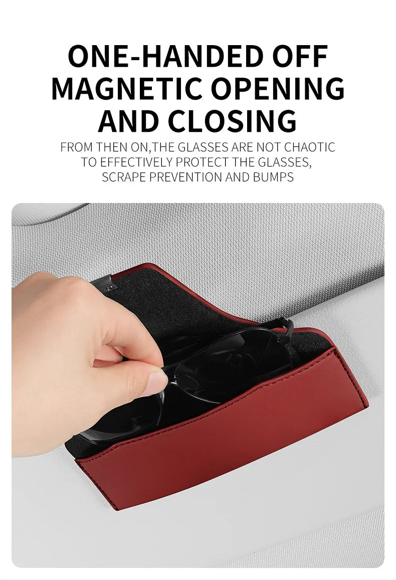 Leather Car Sun Visor Sunglasses and Eyeglasses Holder Case