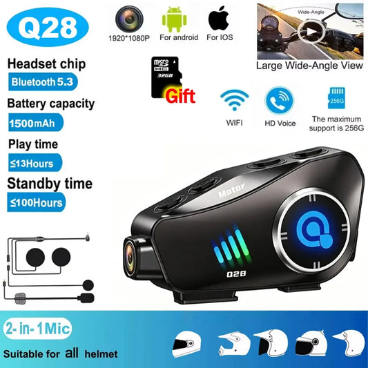 Motorcycle Helmet Bluetooth Headset with 1080P HD Video Camera