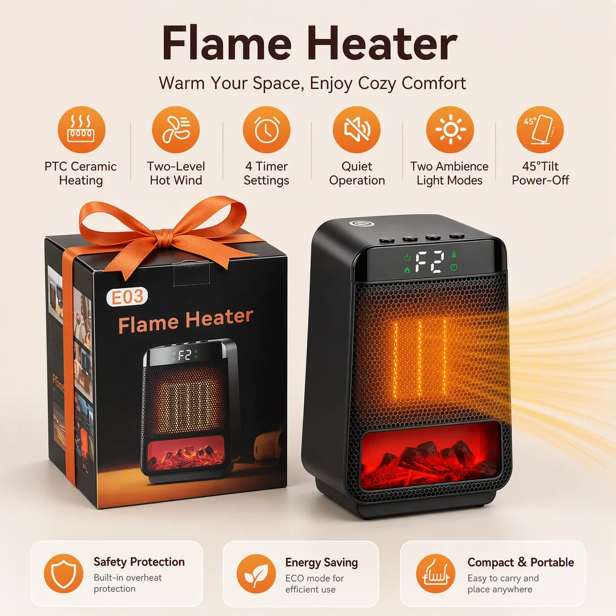Portable Electric Space Heater with Ambient Flame Light - 1