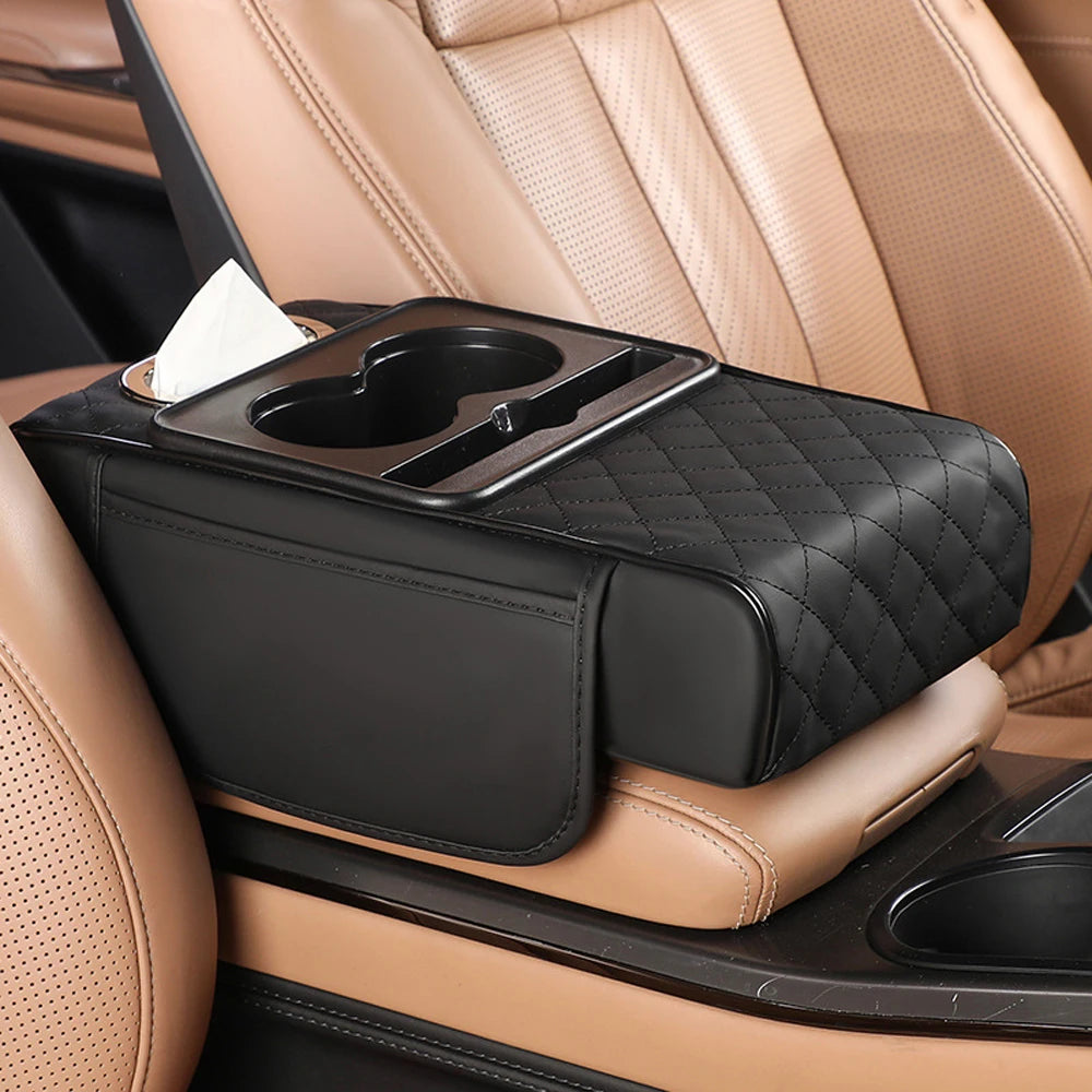 Multifunctional Car Armrest Storage Box with Tissue and Cup Holder