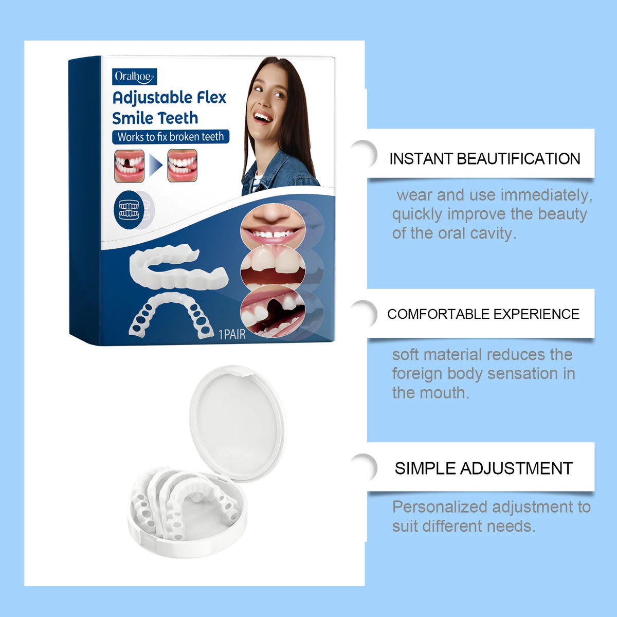 Adjustable Snap-On Smile Veneers for Missing or Broken Teeth