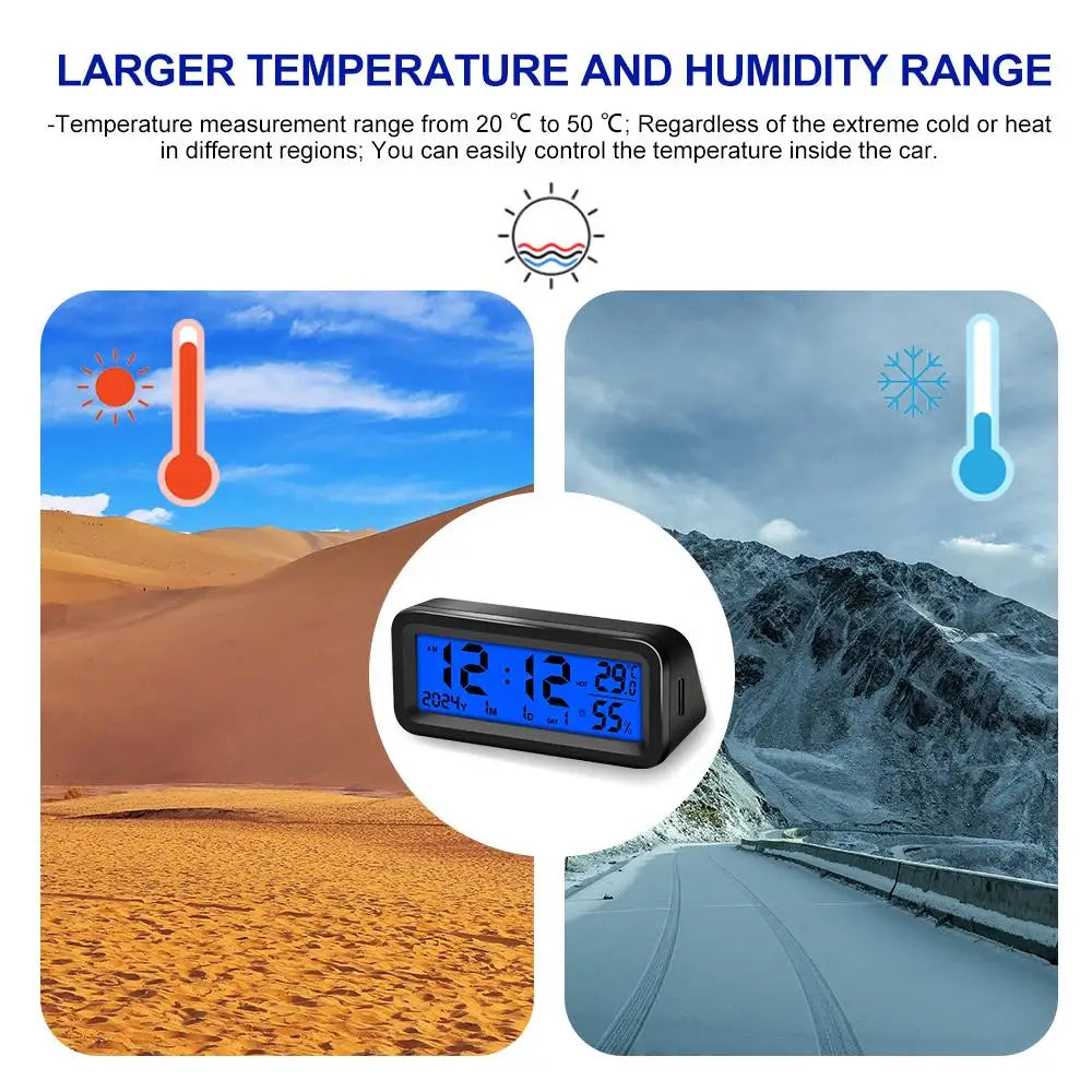 Solar Powered Digital Car Dashboard Clock with Temperature and Humidity