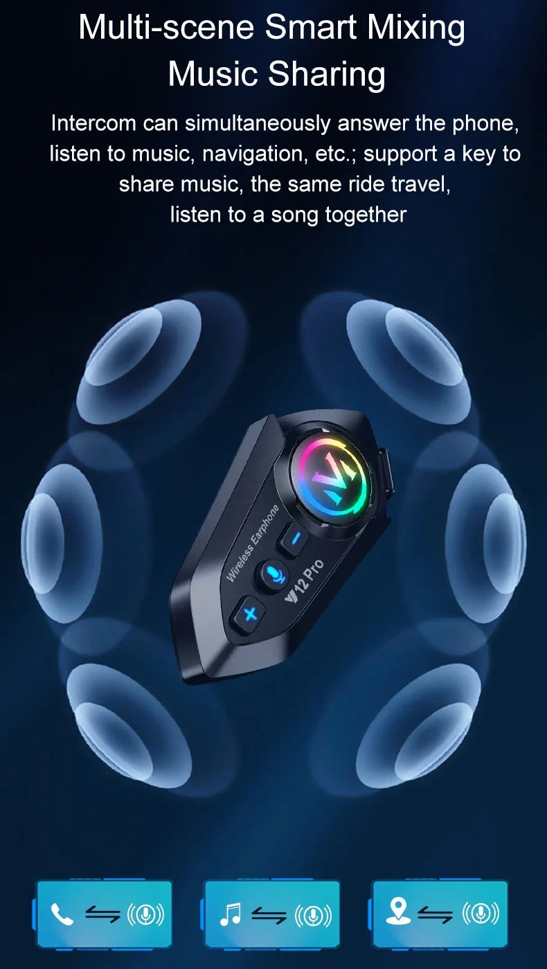 Wireless Motorcycle Helmet Bluetooth Headset with 500M Intercom