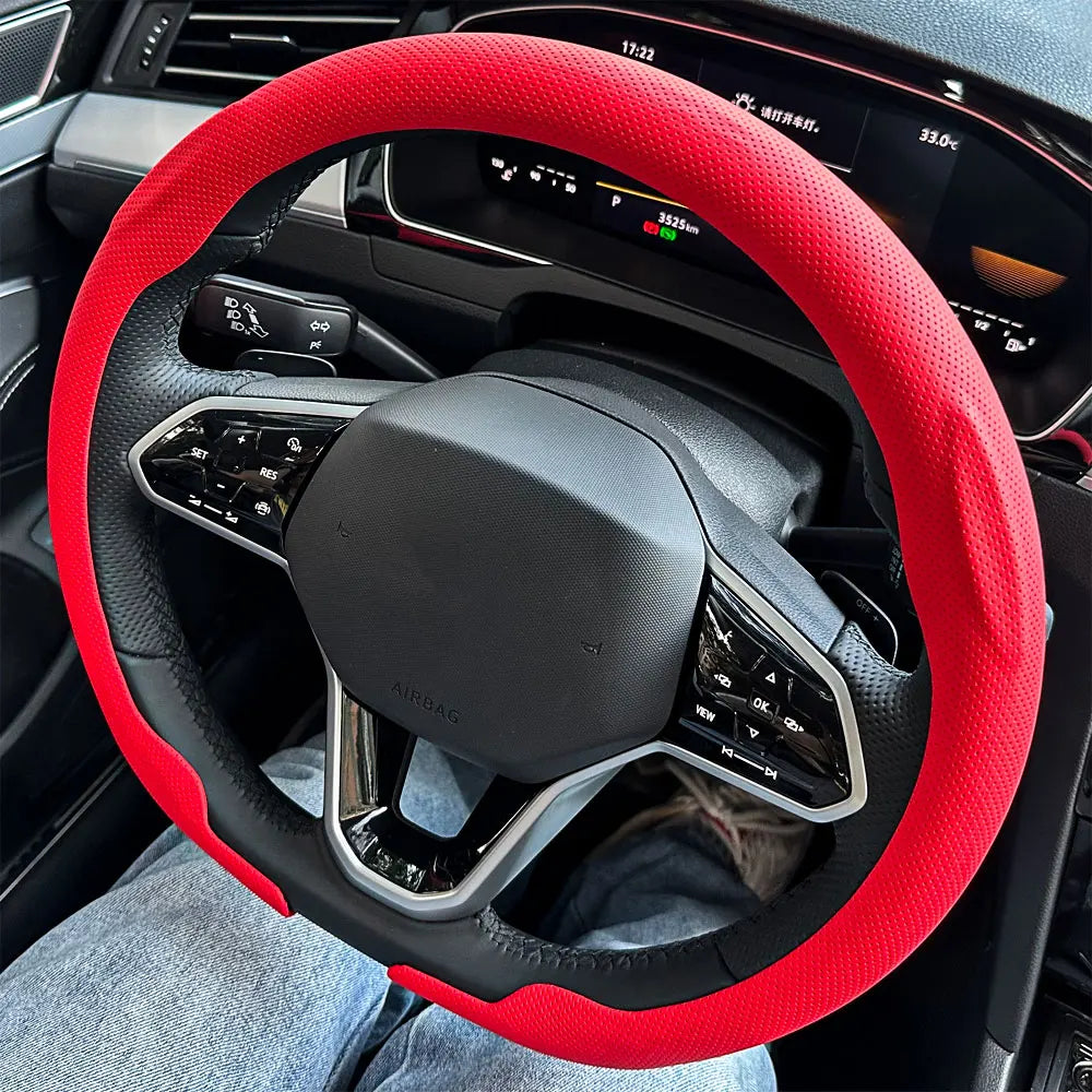 Breathable Leather Car Steering Wheel Cover for Round and D-Shape