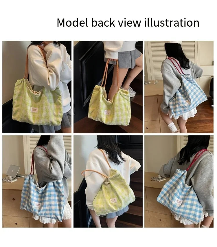 Versatile Plaid Shoulder Tote Bag for Commuter and Leisure - 13
