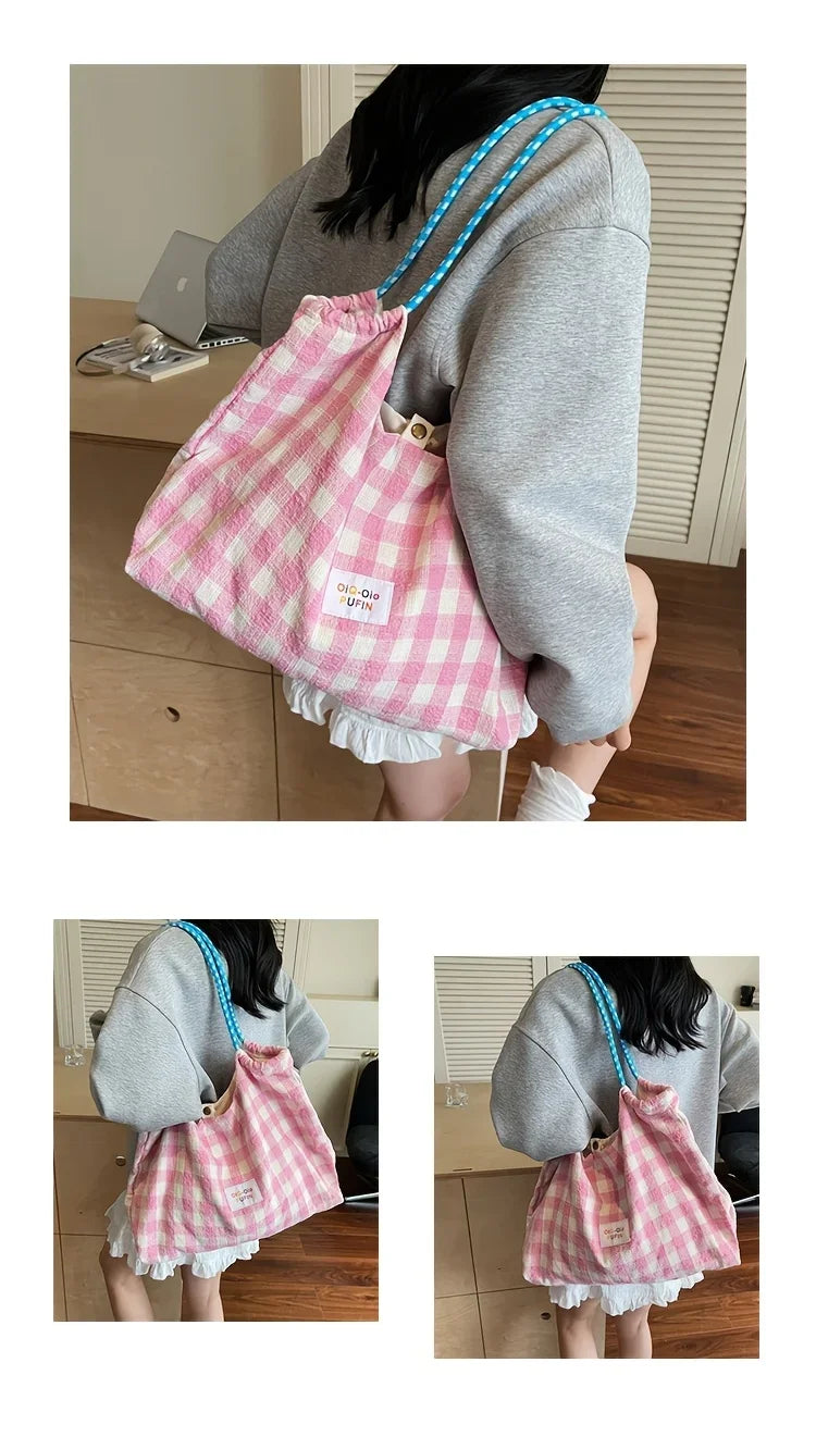 Versatile Plaid Shoulder Tote Bag for Commuter and Leisure - 15
