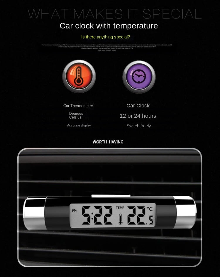 Digital Car Air Vent Clock and Thermometer with LED Backlight