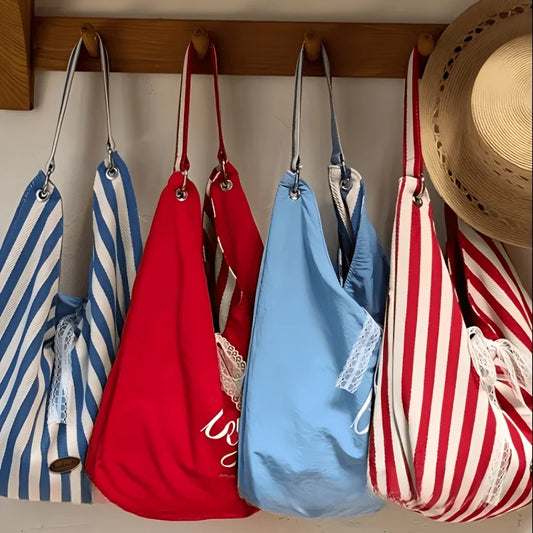 Double-Sided Reversible Tote Bag with Lace Bow