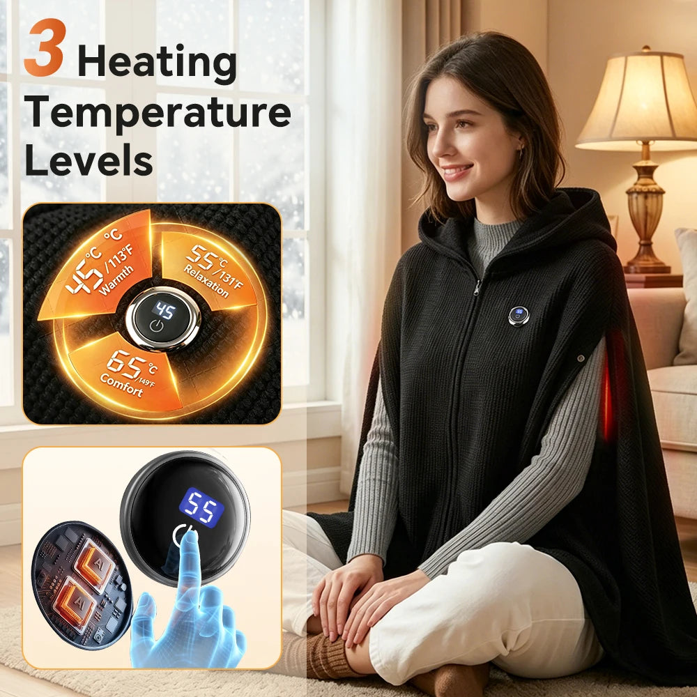 USB Heated Hooded Shawl Wearable Graphene Blanket - 1