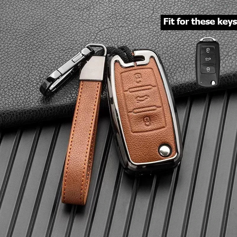 Leather and Zinc Alloy Protective Car Key Case Cover
