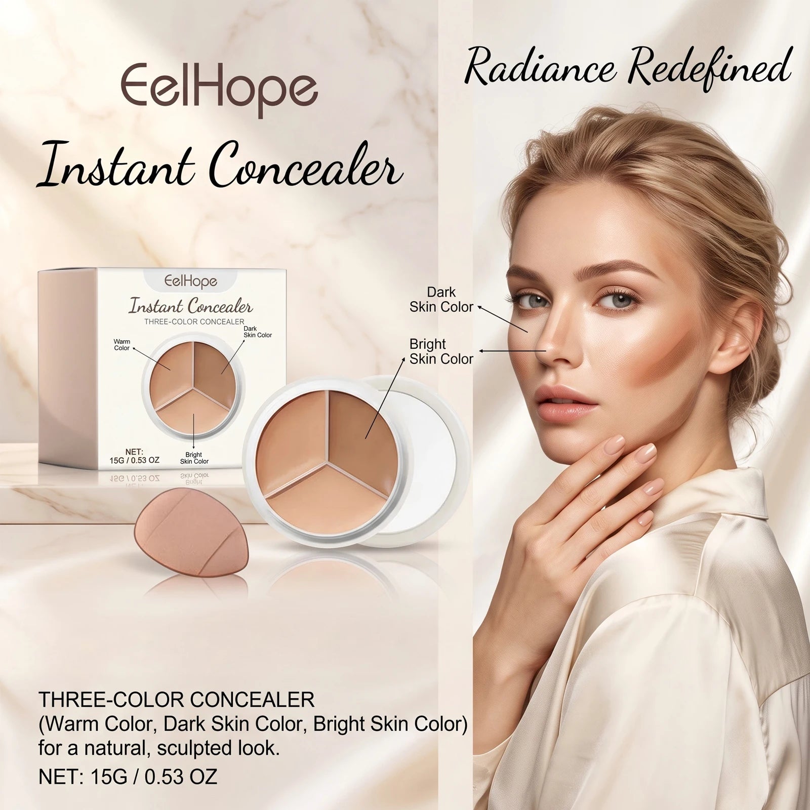 3-Color Cream Face Concealer Palette for Dark Circles and Blemishes - 1