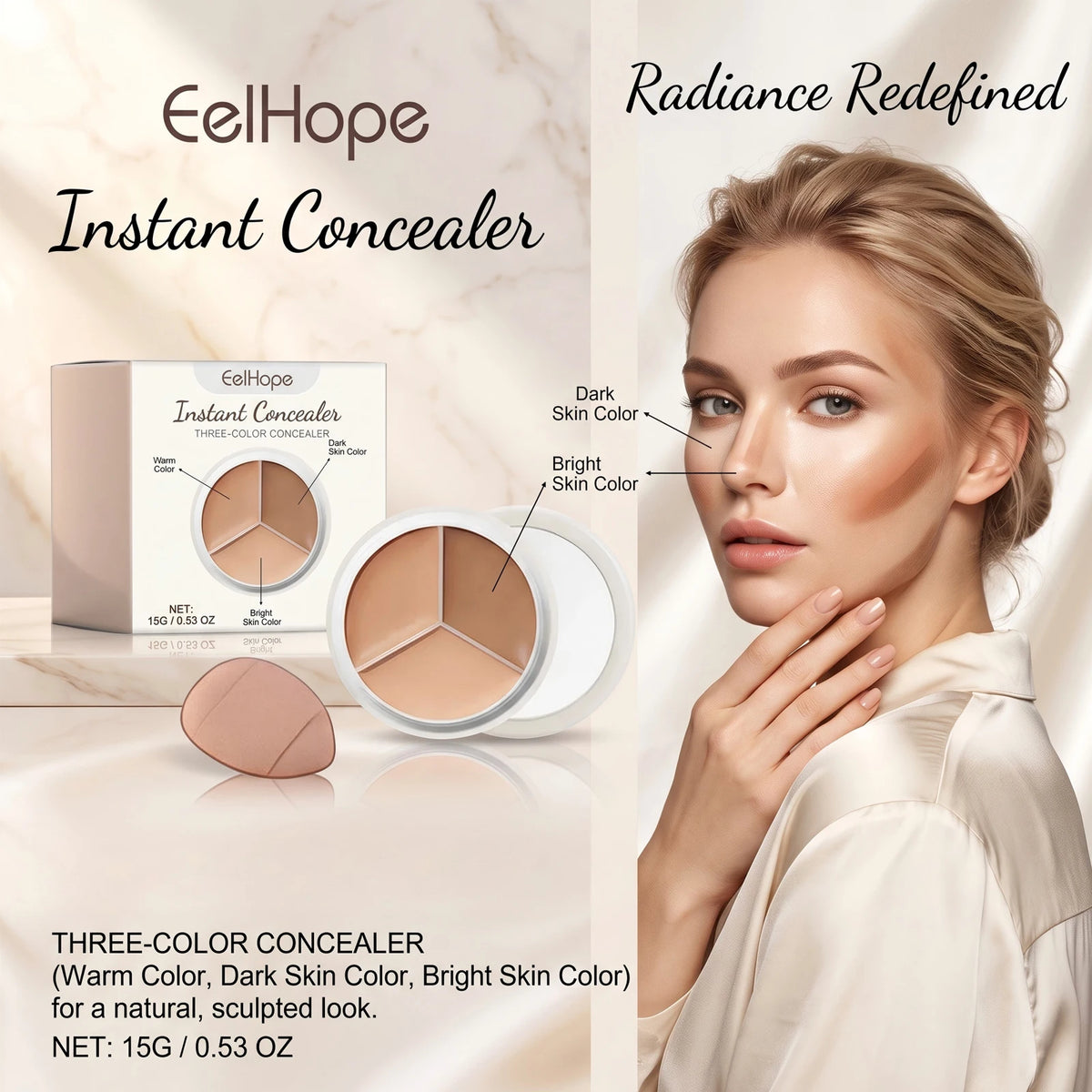 3-Color Cream Face Concealer Palette for Dark Circles and Blemishes