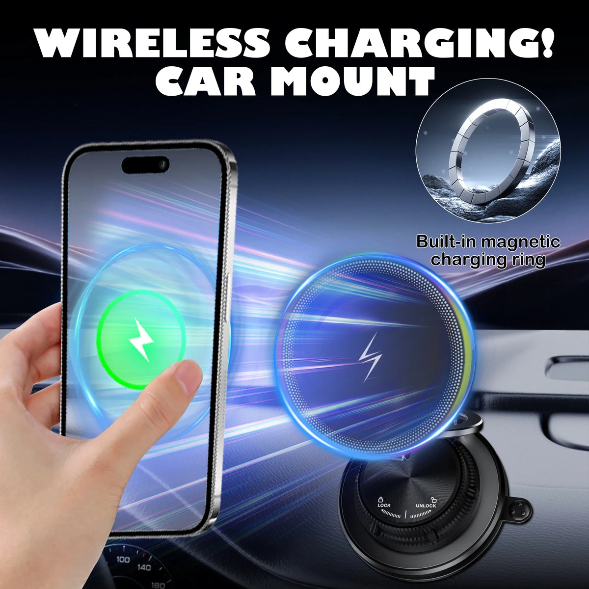 Magnetic Wireless Car Charger Mount with RGB Ambient Lighting
