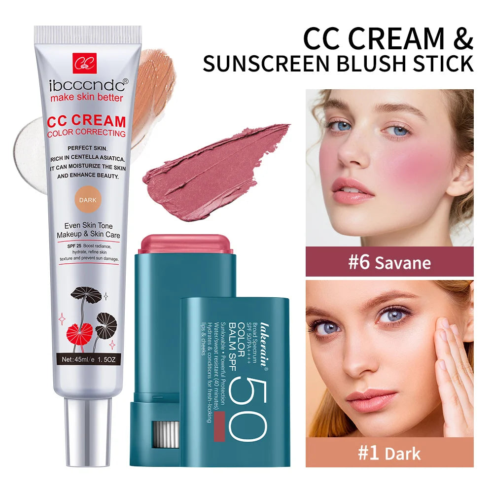 Color Correcting CC Cream and Sunscreen Blush Stick Set - 34