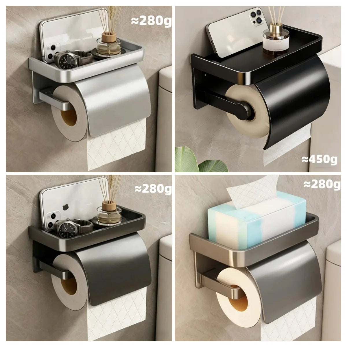 Wall-Mounted Aluminum Toilet Paper Holder with Storage Shelf