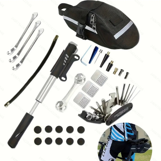 Portable Bike Repair Tool Kit with Air Pump and Saddle Bag