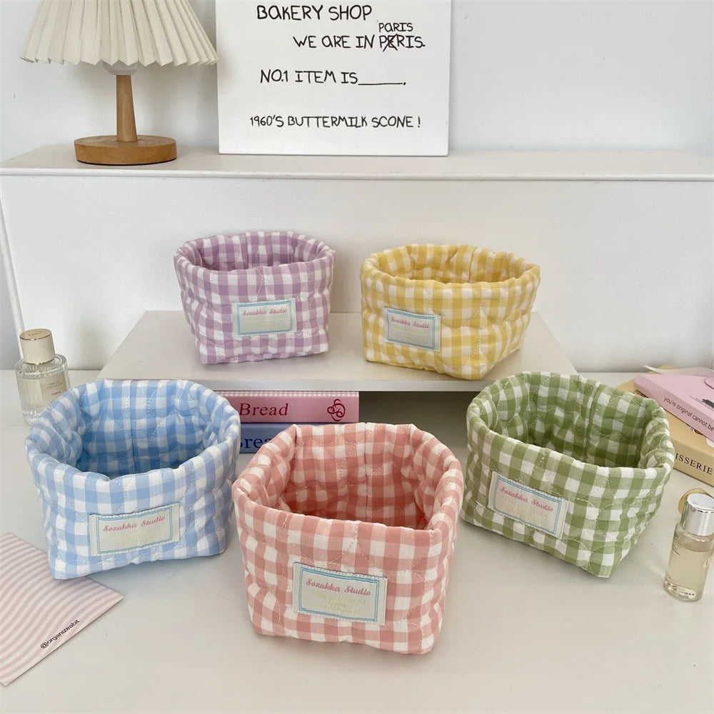 Foldable Plaid Quilted Desktop Storage Basket - 7