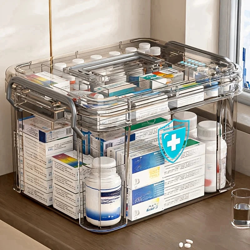 Clear Medicine Storage Organizer Box with Portable Tray