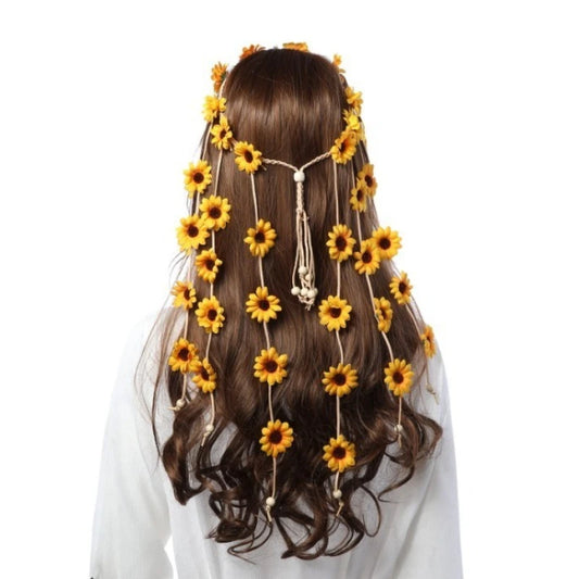 Boho Sunflower Floral Hair Chain Crown for Festivals and Weddings