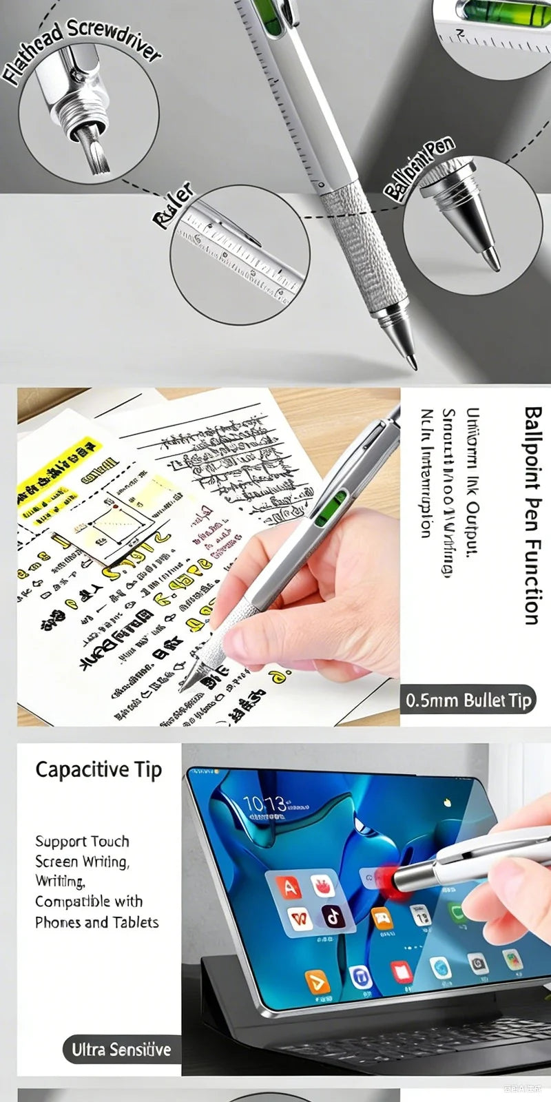7-in-1 Multifunctional Tool Pen with Stylus and Measuring Gauge