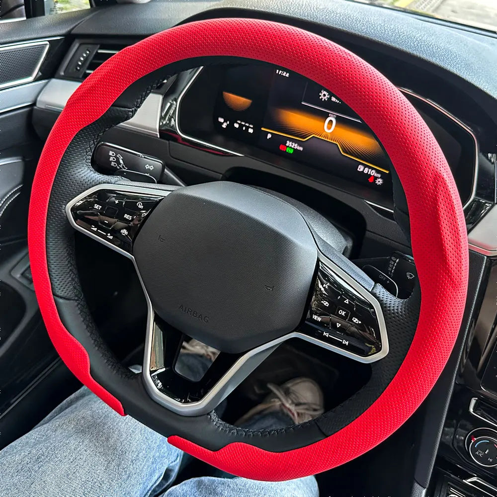 Breathable Leather Car Steering Wheel Cover for Round and D-Shape