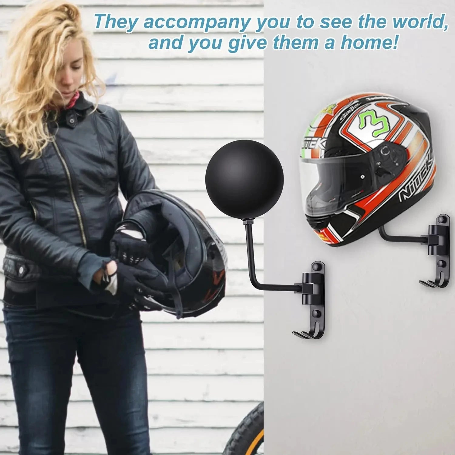 Adjustable Wall-Mounted Helmet Holder and Storage Rack - 1