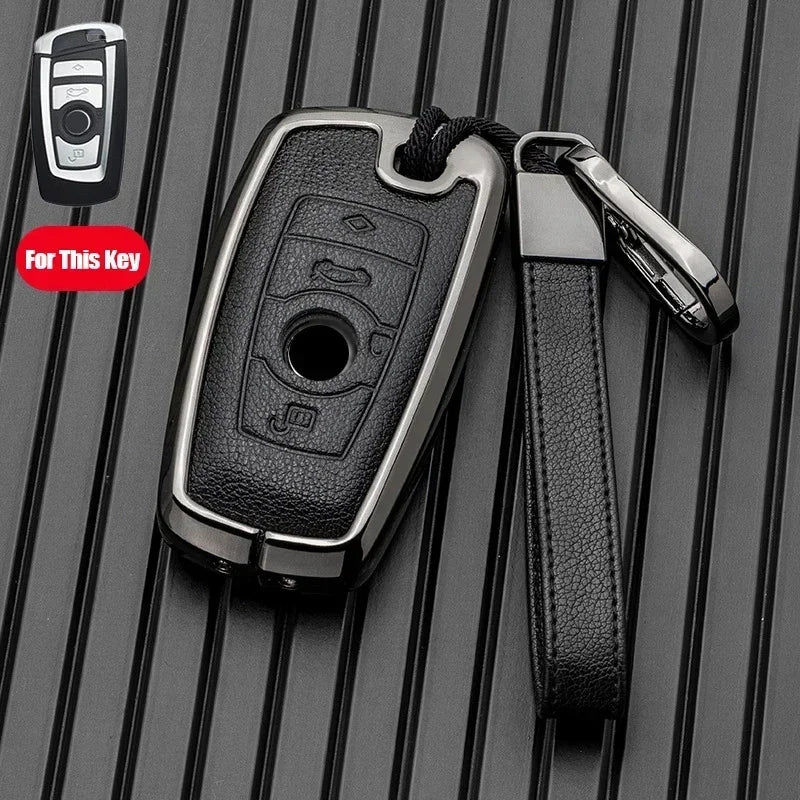 Premium Metal and Leather Car Key Case Cover for BMW