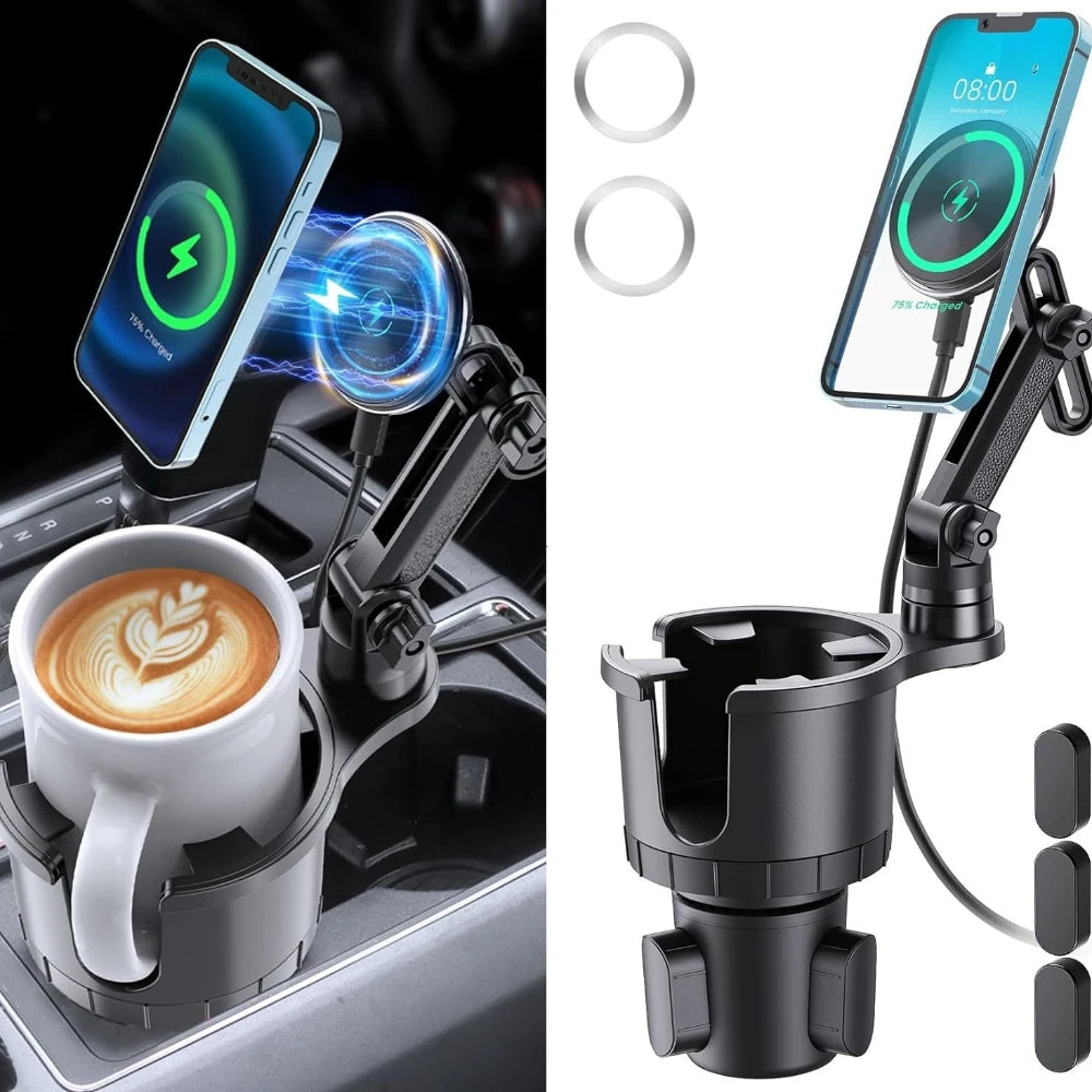 Adjustable Car Cup Holder with Magnetic Wireless Phone Charger