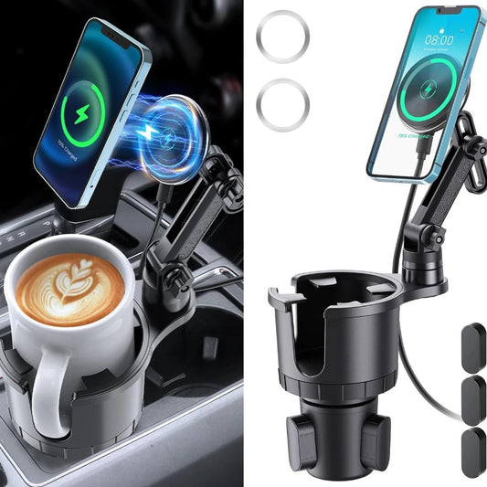 Adjustable Car Cup Holder with Magnetic Wireless Phone Charger