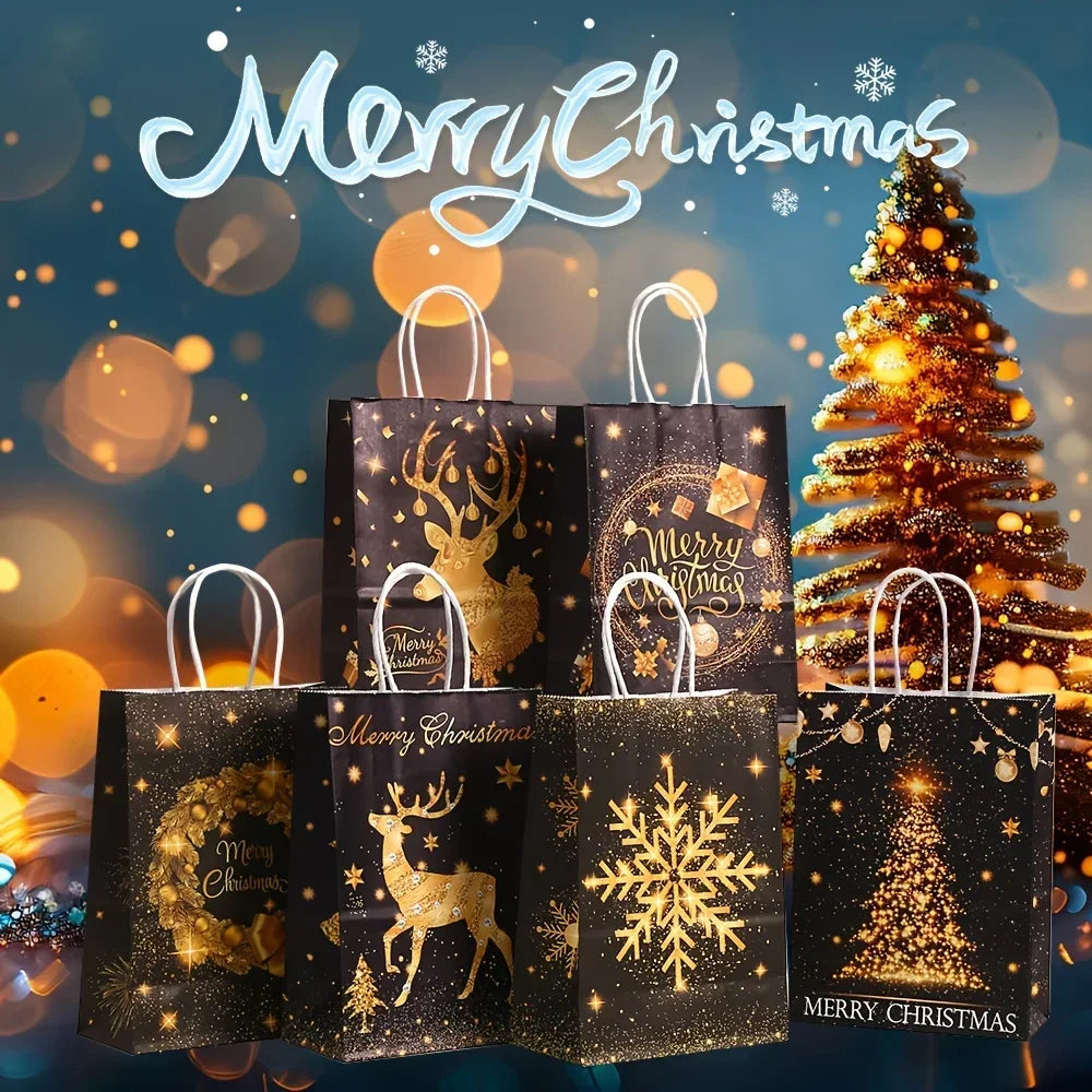Decorative Holiday Kraft Paper Gift Bags with Handles
